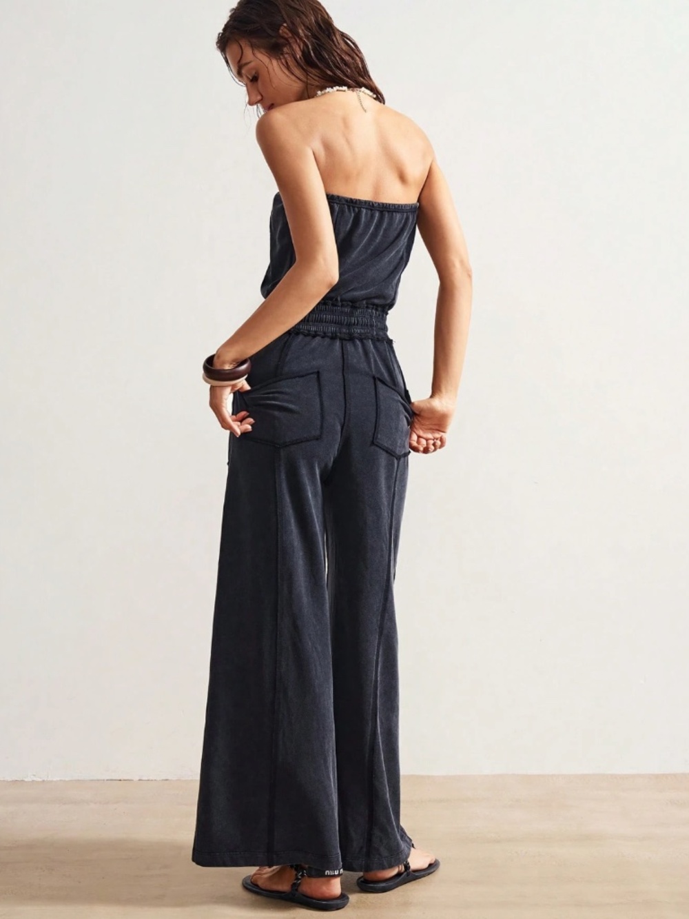 Cotton Blend Strapless Black Boho Wide Leg Jumpsuit with Pockets - Picture 4 of 9